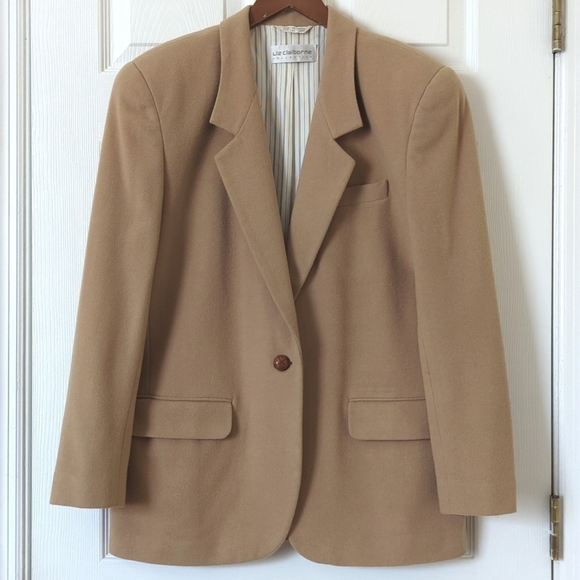 Liz Claiborne 90's Vintage Classic Wool & Cashmere Blend Boxy Blazer Jacket Tan - Picture 1 of 12